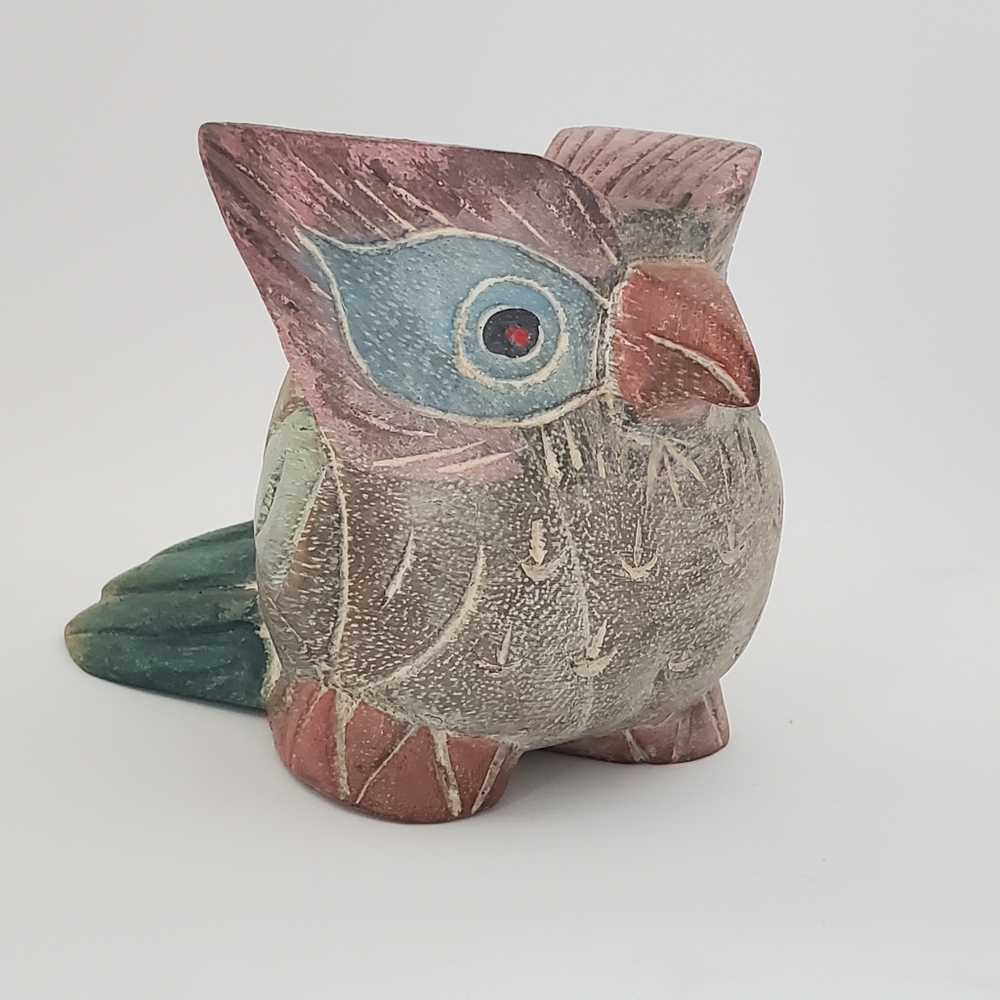 Vintage Colourful Handcarved Wooden Owl Figurine Bird Sculpture
